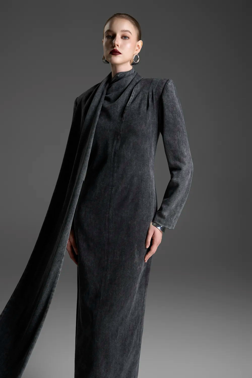 Asymmetric Draped High Neck Straight Dress